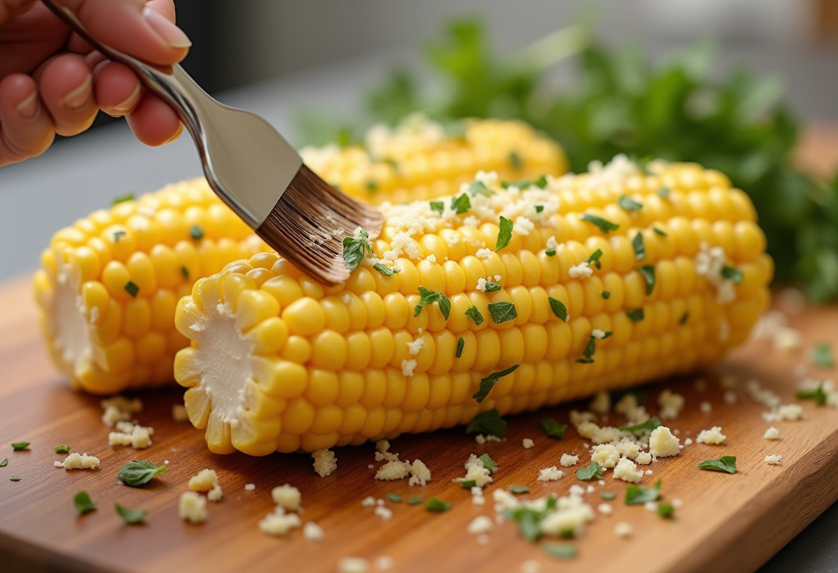Brushing garlic butter on Cheesy Garlic Butter Corn on the Cob, delicious seasonings and toppings, cooking in progress.