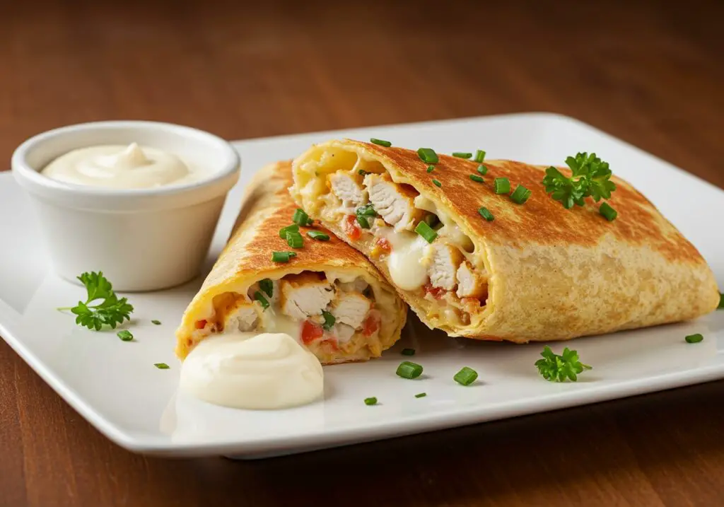 Deliciously plated Cheesy Garlic Chicken Wraps, showcasing gooey cheese and juicy chicken with fresh ingredients.