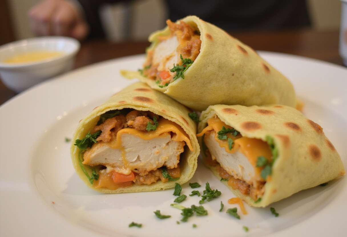 Deliciously plated Cheesy Garlic Chicken Wraps, showcasing gooey cheese and juicy chicken with fresh ingredients.