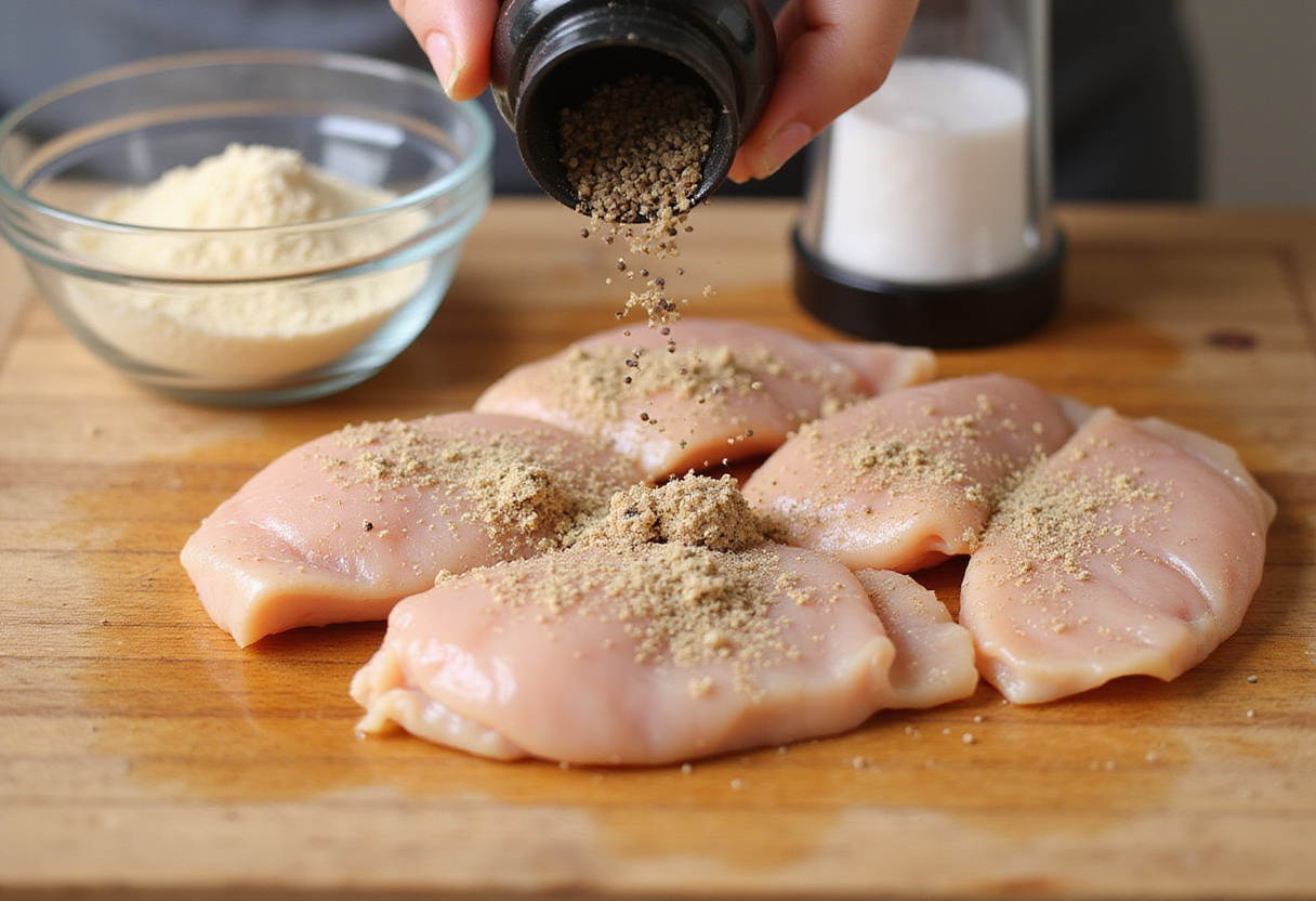 Seasoning chicken breast pieces with garlic powder and spices for Cheesy Garlic Chicken Wraps.