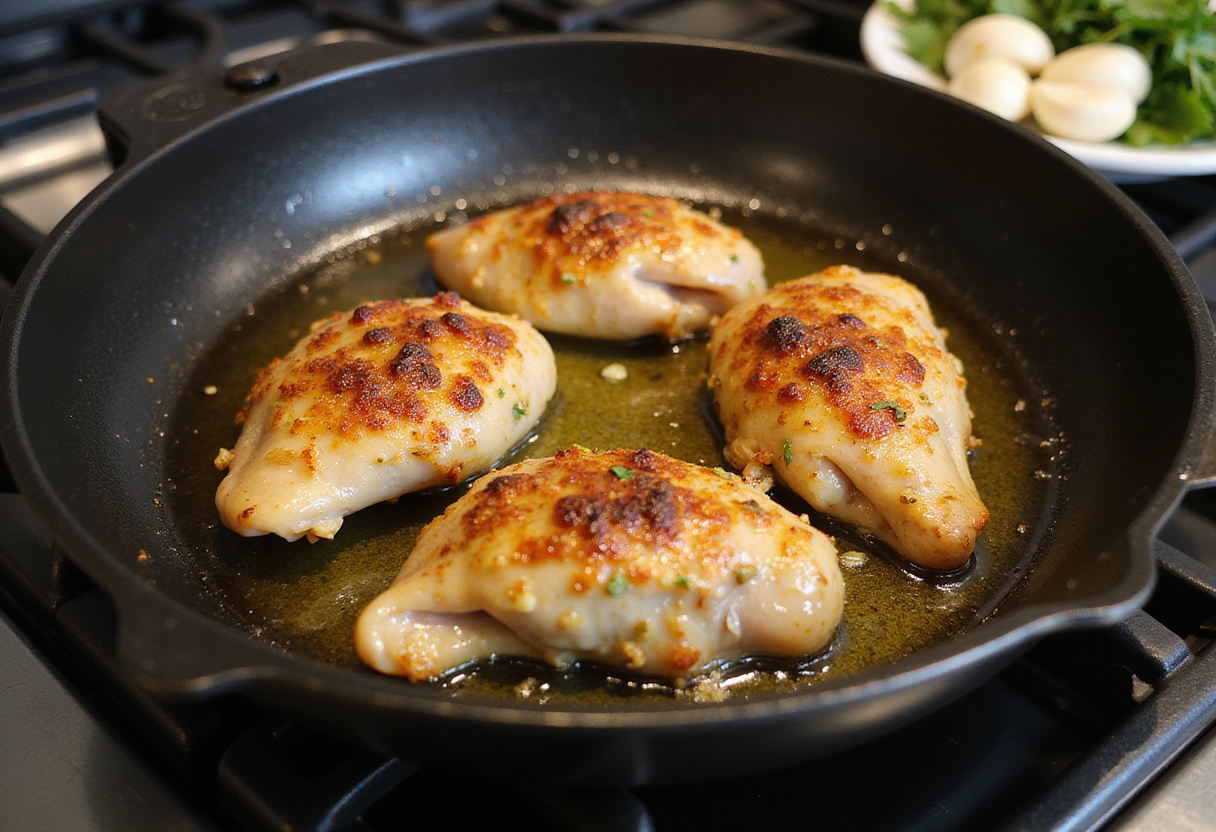 Cooking seasoned chicken in a skillet for Cheesy Garlic Chicken Wraps, enhancing flavor with herbs and garlic.