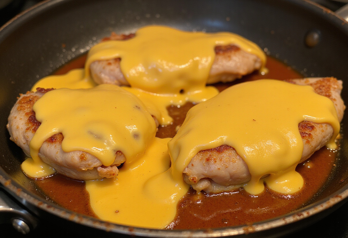 Melting cheese on cooked chicken for Cheesy Garlic Chicken Wraps, creating a delicious blend of flavors.