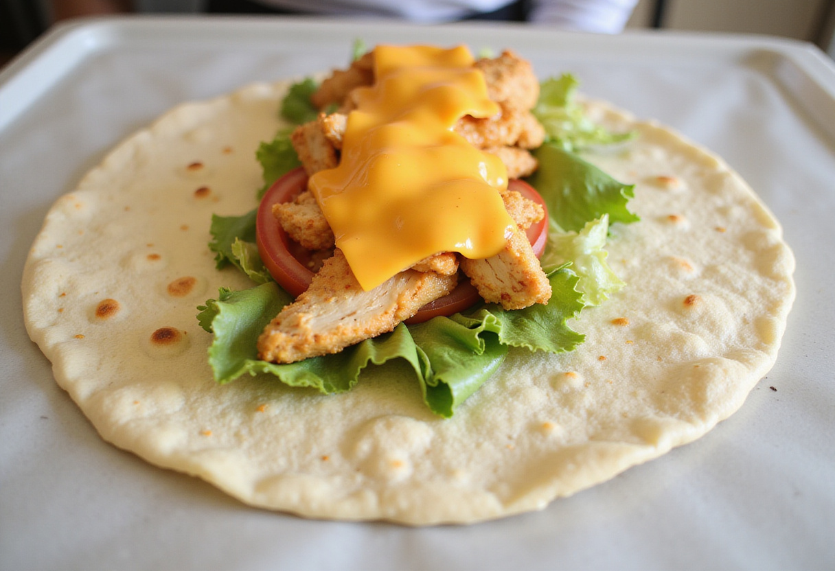 Assembling Cheesy Garlic Chicken Wraps with tortillas, cheesy chicken, lettuce, and tomato for a fresh wrap experience.