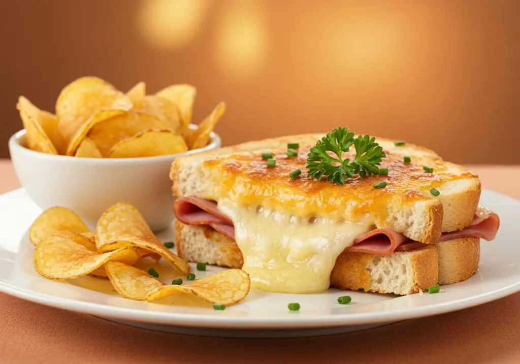 Delicious Cheesy Ham Toaster served with crispy chips, a perfect comfort food meal displayed on a decorative plate in a kitchen setting.