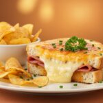 Delicious Cheesy Ham Toaster served with crispy chips, a perfect comfort food meal displayed on a decorative plate in a kitchen setting.