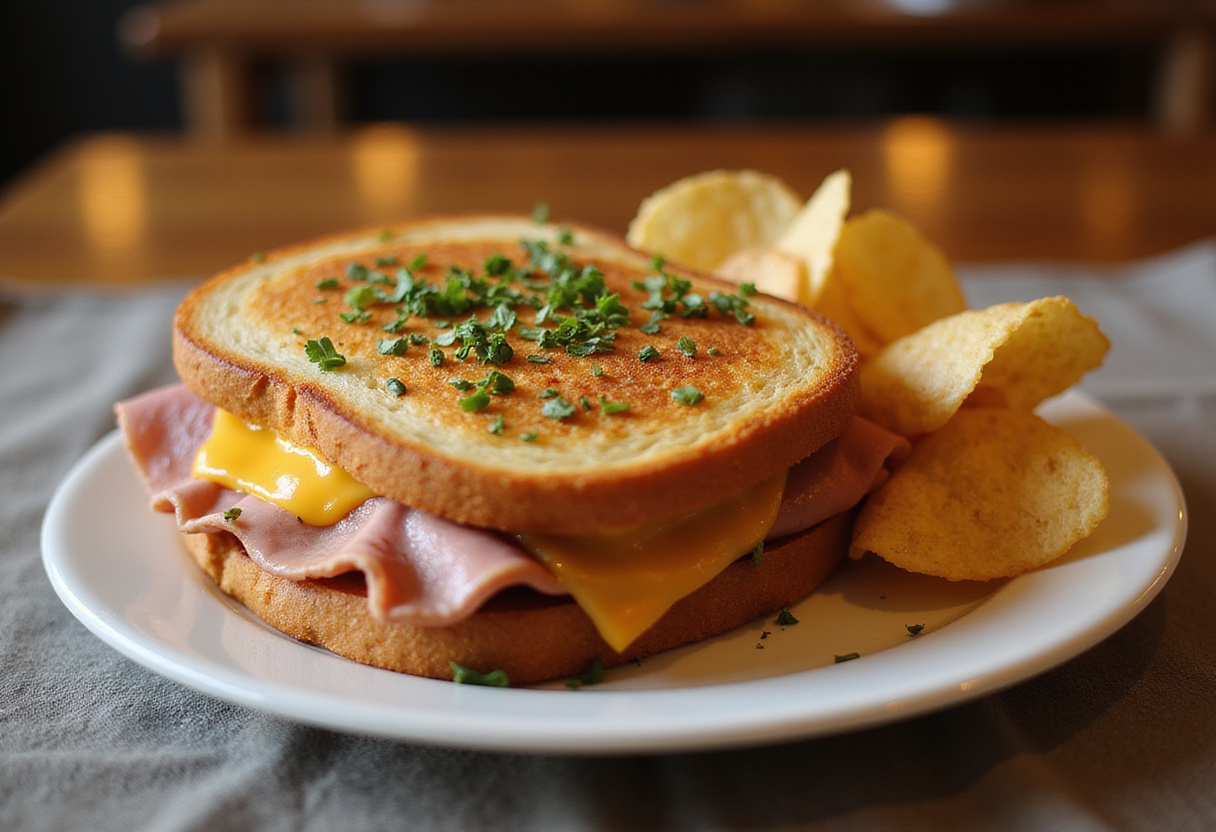 Delicious Cheesy Ham Toaster served with crispy chips, a perfect comfort food meal displayed on a decorative plate in a kitchen setting.