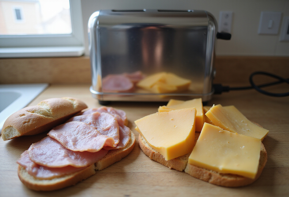Preparing ingredients for Cheesy Ham Toaster with bread, ham, and cheese on the kitchen counter.