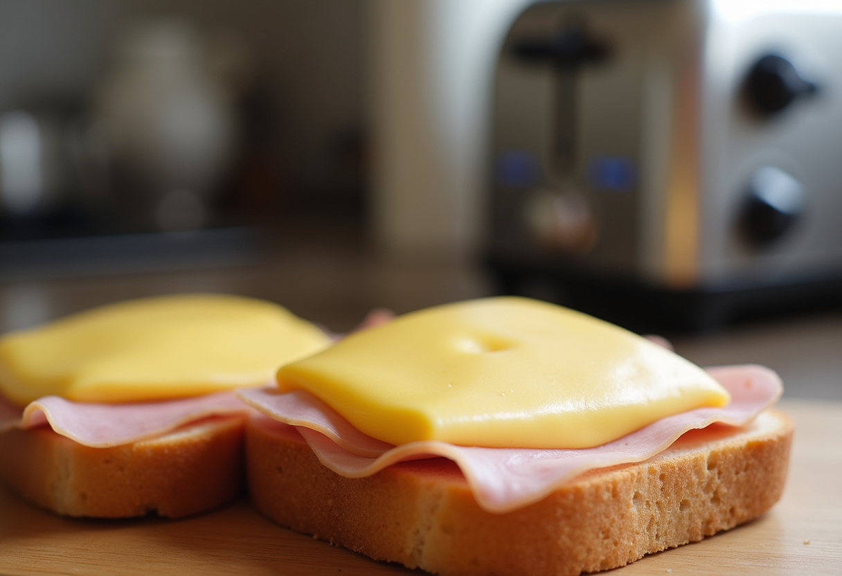 Assembling the Cheesy Ham Toaster, layering bread with ham and cheese in a cozy kitchen setting.