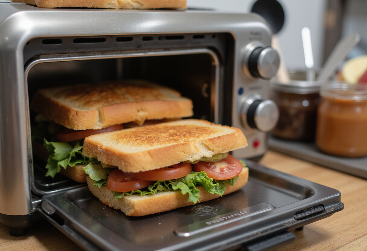 Placing the assembled Cheesy Ham Toaster in the toaster for a perfect melt, capturing the cooking excitement in the kitchen.