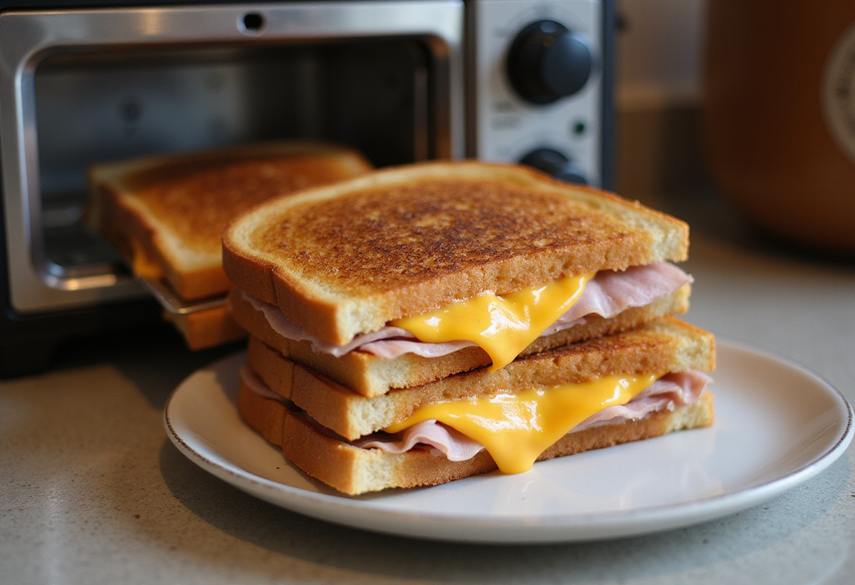 Removing the Cheesy Ham Toaster from the toaster, showcasing the melty cheese and golden-brown bread in an inviting kitchen atmosphere.