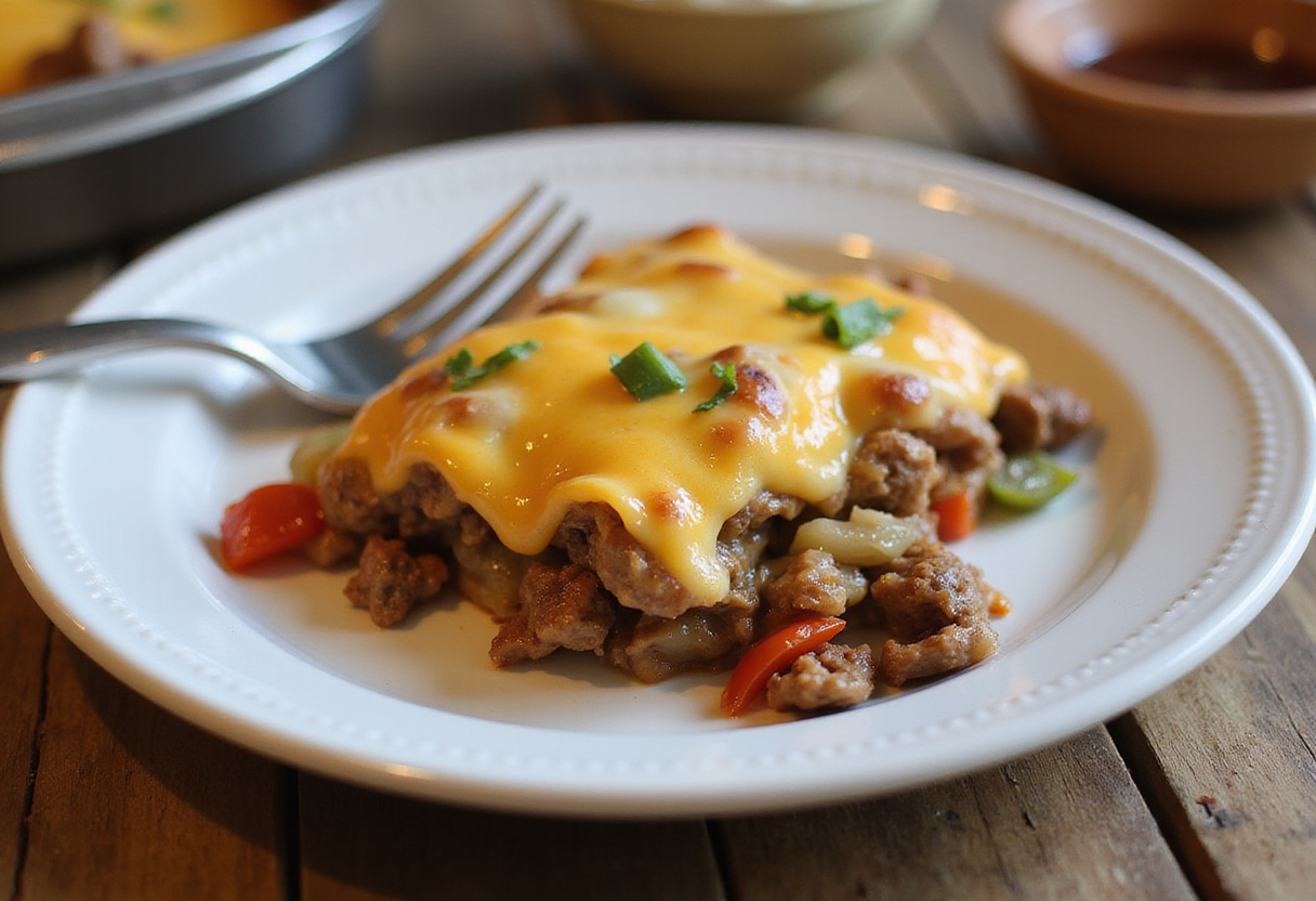 delicious Cheesy Low Carb Philly Cheesesteak Casserole presentation, hearty low carb casserole dish, inviting comfort food serving