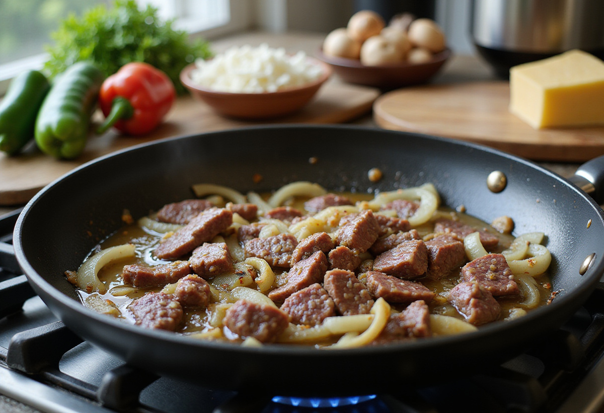 sizzling beef and sautéed vegetables for Cheesy Low Carb Philly Cheesesteak Casserole, low carb ingredients, savory steak dish