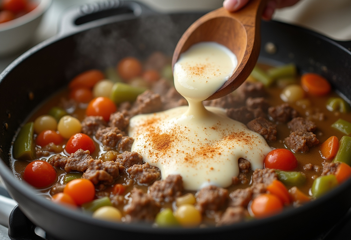 mixing cream cheese in Cheesy Low Carb Philly Cheesesteak Casserole preparation, creamy casserole filling, savory dish preparation