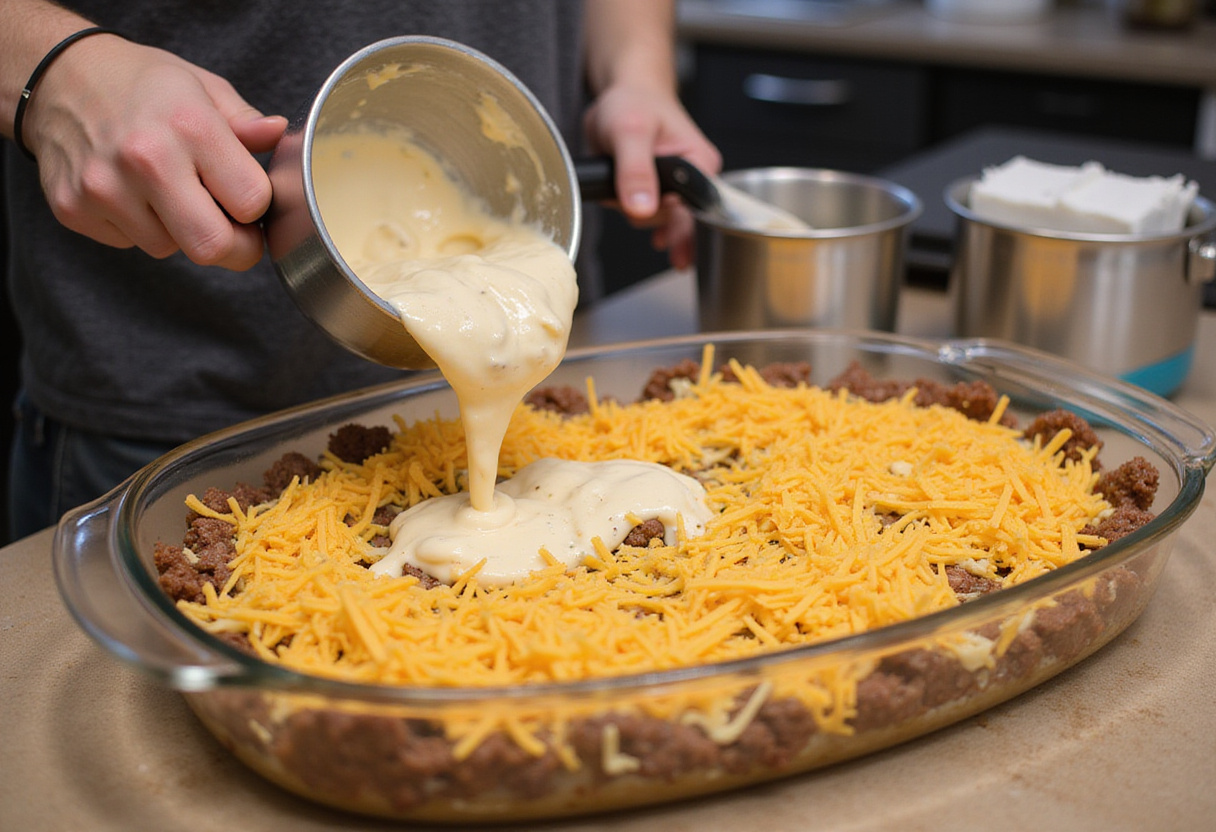 preparing Cheesy Low Carb Philly Cheesesteak Casserole in a baking dish, layering ingredients, comfort food kitchen setting
