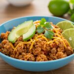 Delicious Cheesy Taco Rice in a bowl, visually appealing with avocado and lime, a mouth-watering dish.