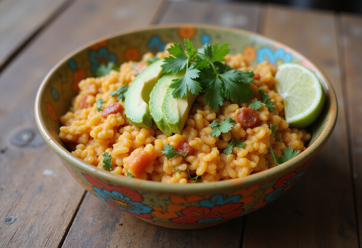 Delicious Cheesy Taco Rice in a bowl, visually appealing with avocado and lime, a mouth-watering dish.