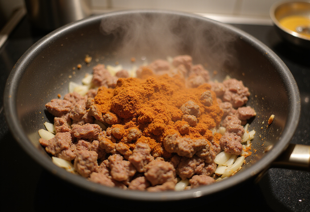 Sizzling ground beef and onions in a pot, delicious taco spices for Cheesy Taco Rice preparation.