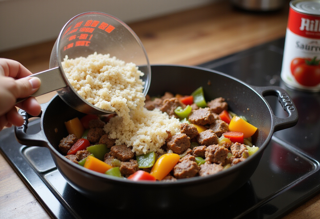 Pouring rice into a pot with taco-seasoned beef and vegetables, a key step for Cheesy Taco Rice.
