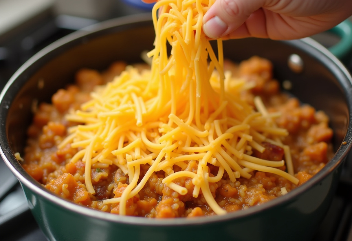 Melting cheese on top of the savory taco rice, an essential step for Cheesy Taco Rice.