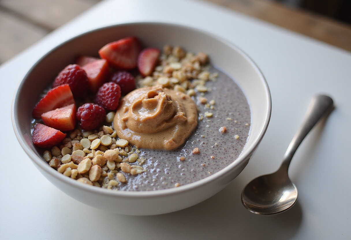 Delicious chia pudding with nut butter and fresh berries displayed in a bowl, an enticing healthy dessert or snack option.