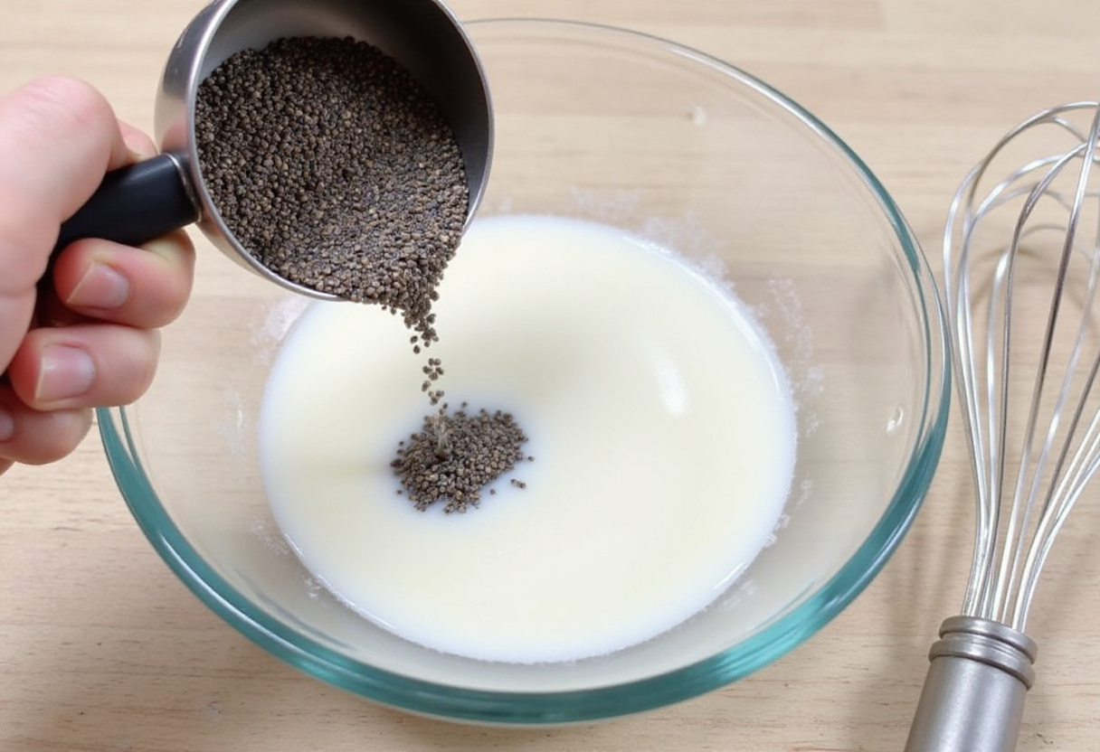 Chia pudding ingredients preparation: almond milk, chia seeds, and whisk for a healthy dessert.