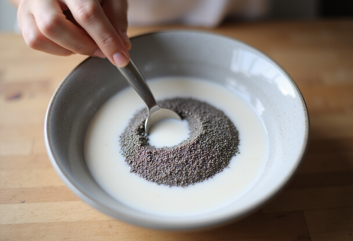 Mixing chia seeds with almond milk for a nutritious chia pudding, showcasing the creamy consistency.