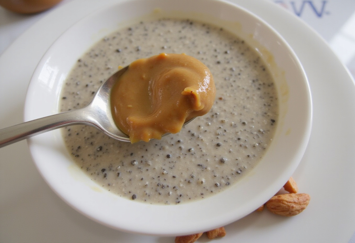 Nut butter ready to be added to chia pudding, highlighting the rich and healthy ingredients for a tasty treat.