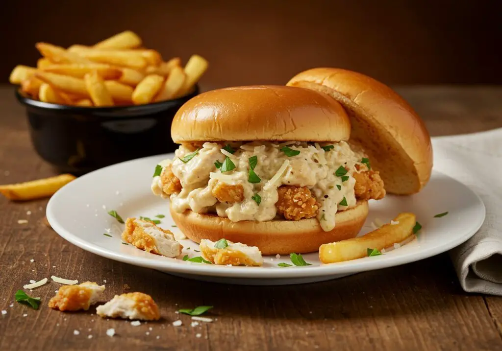 A plated Chicken Alfredo Sloppy Joe served with fries, illustrating a tasty and innovative take on a classic with a creamy sauce.