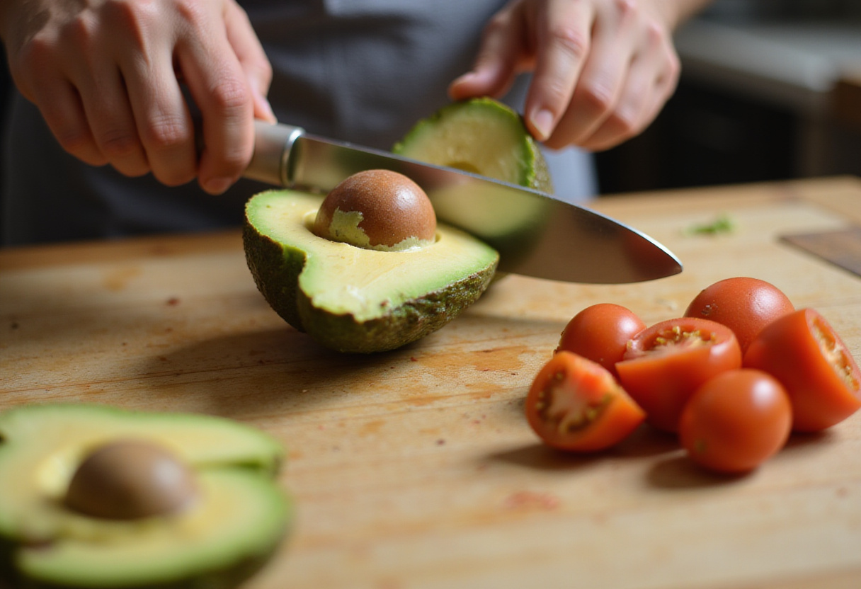 Freshly halved ripe avocados and sliced cherry tomatoes for a Chicken Avocado Melt Sandwich preparation.
