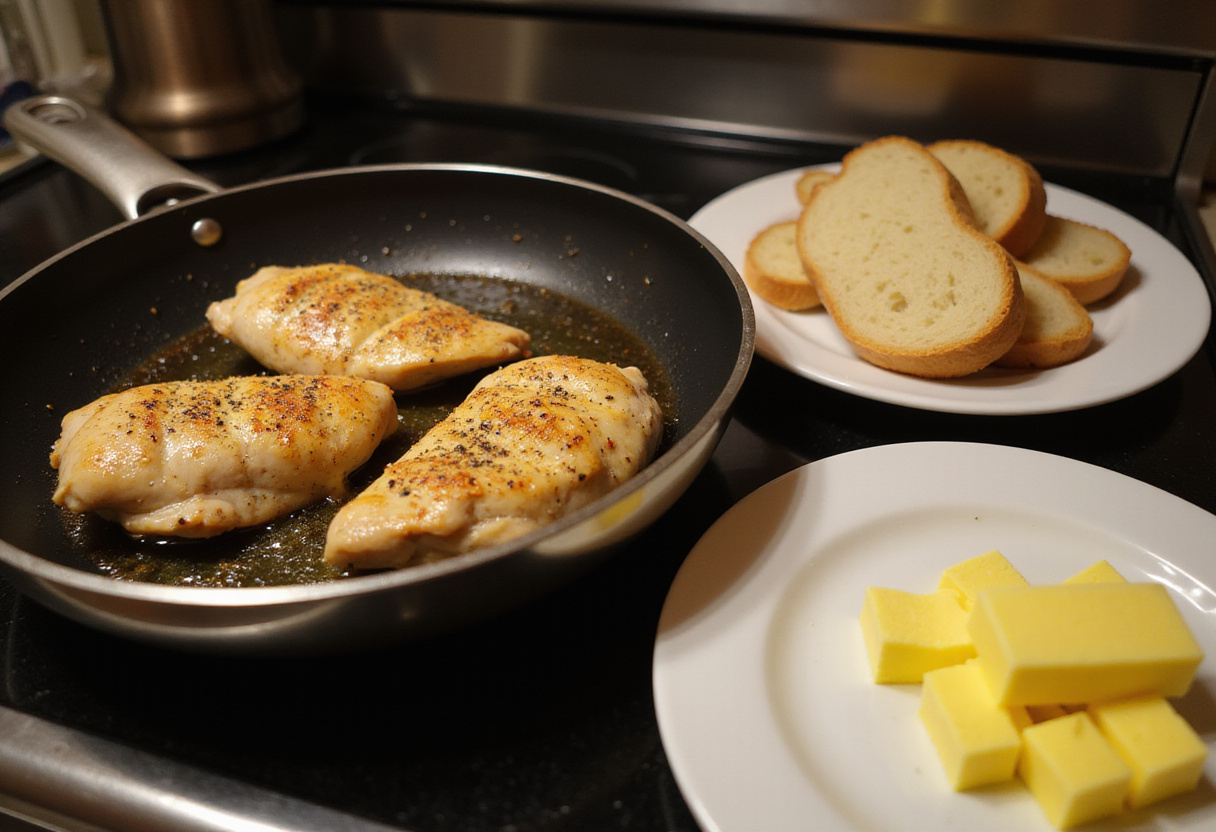 Cooking seasoned chicken breasts in a skillet for a Chicken Avocado Melt Sandwich with buttered bread on the side.
