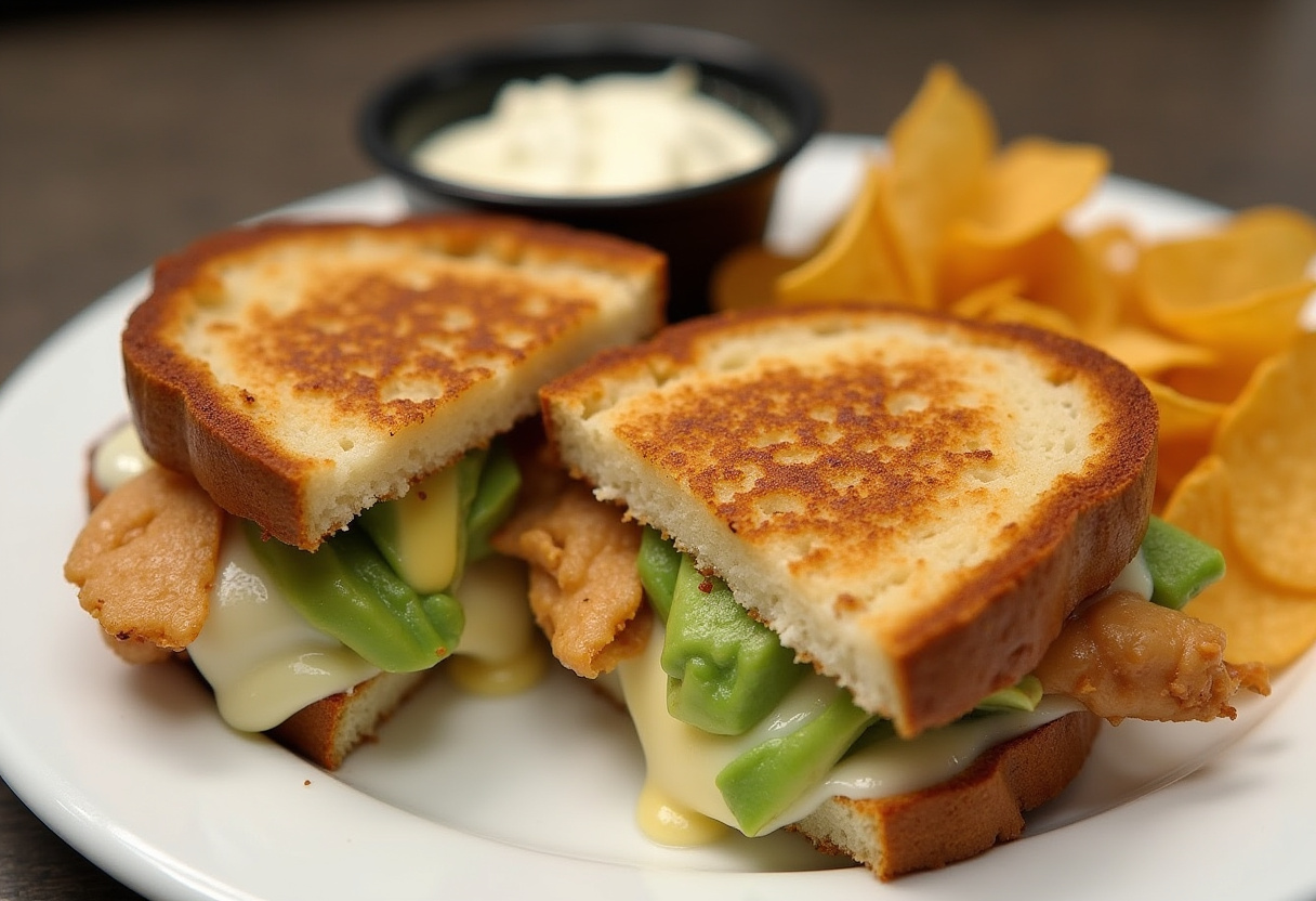 Assembled Chicken Avocado Melt Sandwich served with chips and dip, showcasing its melted cheese in a delicious presentation.