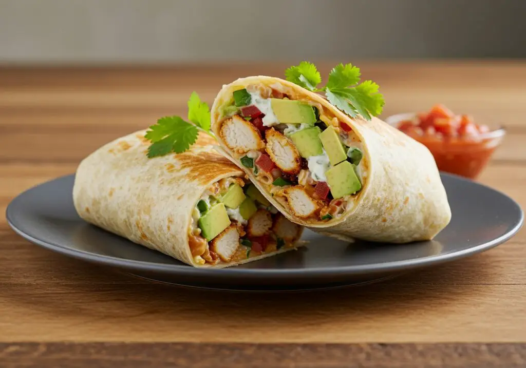 Deliciously plated Chicken Avocado Ranch Burritos, vibrant filling, perfect for serving in a rustic kitchen, appetizing presentation.