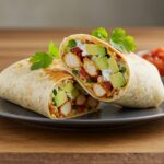 Deliciously plated Chicken Avocado Ranch Burritos, vibrant filling, perfect for serving in a rustic kitchen, appetizing presentation.
