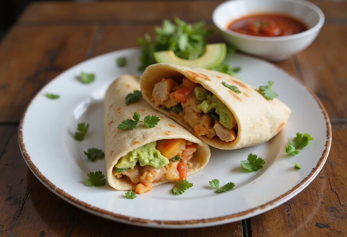 Deliciously plated Chicken Avocado Ranch Burritos, vibrant filling, perfect for serving in a rustic kitchen, appetizing presentation.