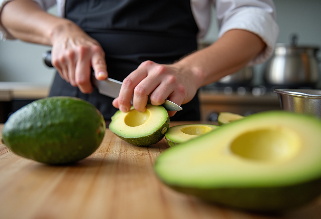 Chopping fresh avocados for Chicken Avocado Ranch Burritos, delicious ingredients, vibrant kitchen scene.