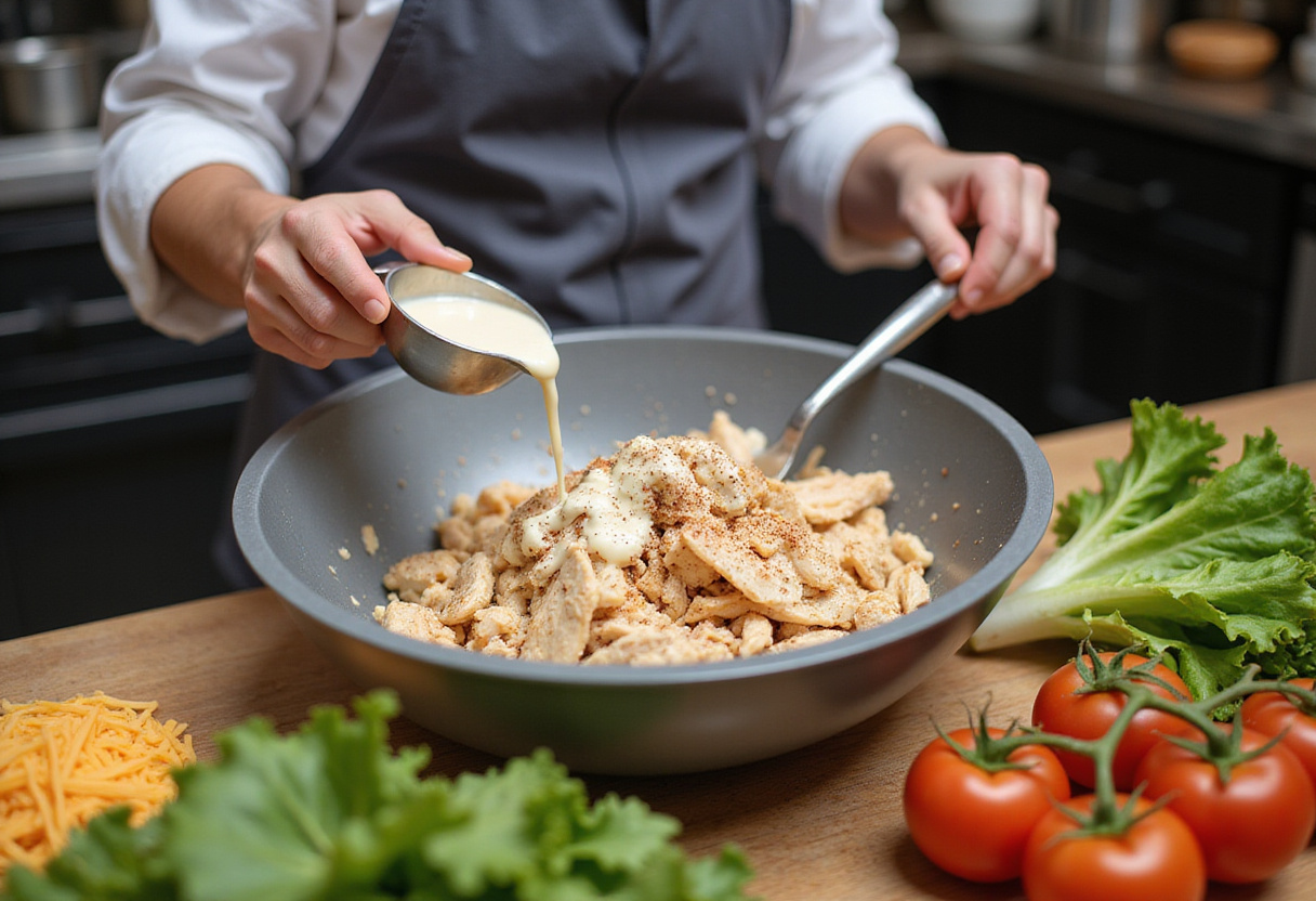 Mixing shredded chicken with ranch dressing for Chicken Avocado Ranch Burritos, flavorful ingredients in a bright kitchen.