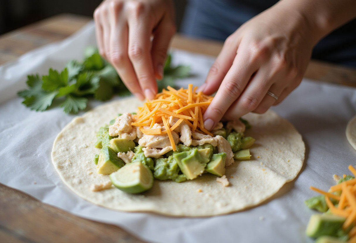 Assembling Chicken Avocado Ranch Burritos with tortillas, fresh ingredients and flavorful avocado mixture preparing for wrapping.