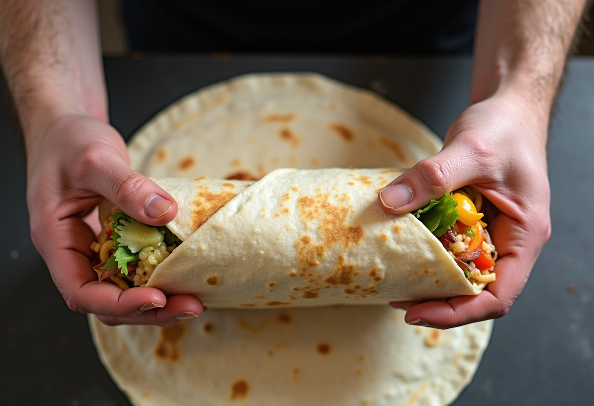 Wrapping Chicken Avocado Ranch Burritos securely, showcasing the tortilla and fresh fillings in a vibrant kitchen setting.