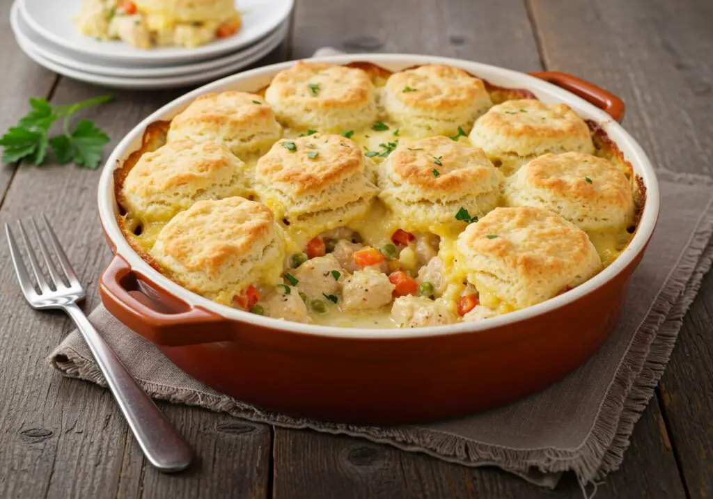 Golden brown chicken and biscuit casserole, a delightful and comforting dish ready to be served, perfect for family gatherings.