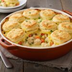 Golden brown chicken and biscuit casserole, a delightful and comforting dish ready to be served, perfect for family gatherings.