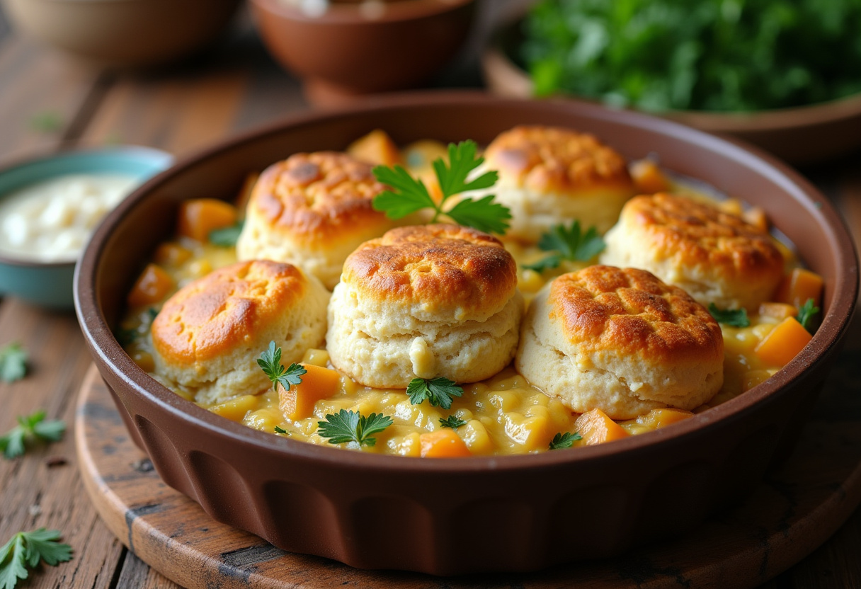 Golden brown chicken and biscuit casserole, a delightful and comforting dish ready to be served, perfect for family gatherings.