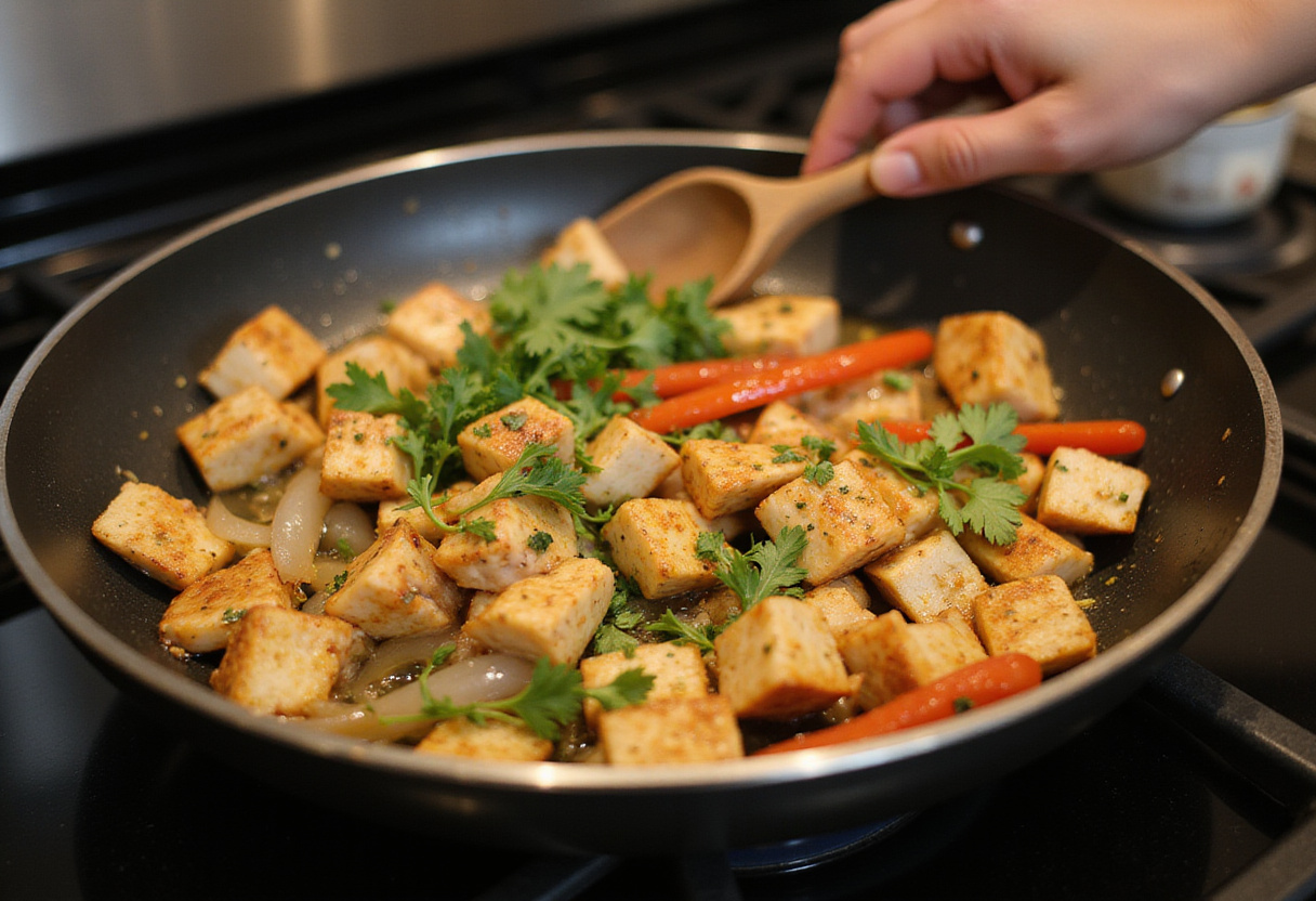 Sautéed chicken and vegetables in a skillet for chicken and biscuit casserole, a comforting and hearty dish.