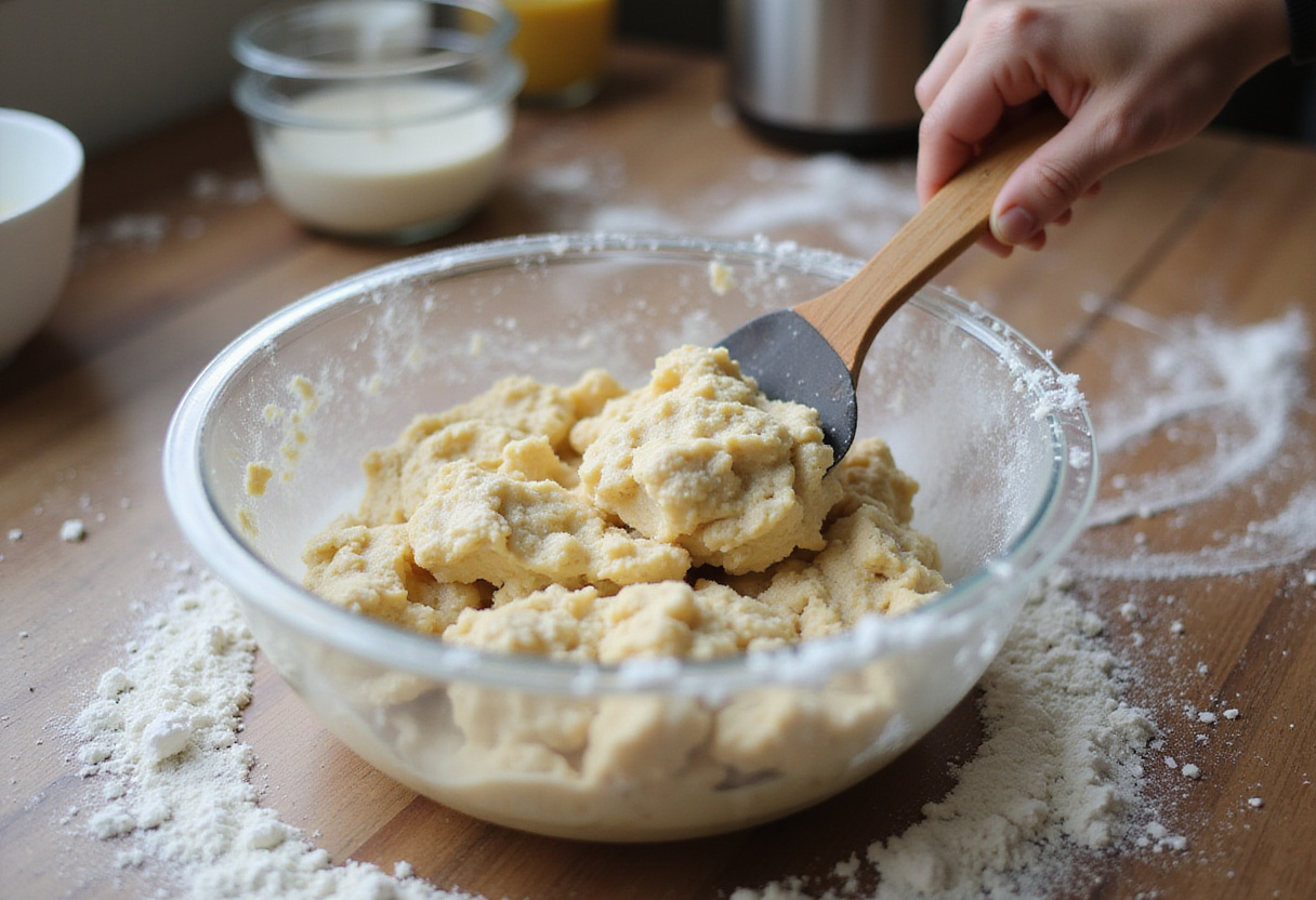 Freshly made biscuit dough being mixed for chicken and biscuit casserole, offering a homemade touch to the dish.