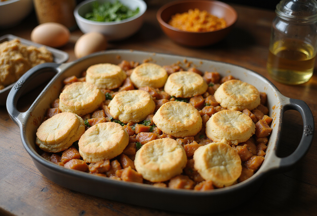 Preparing chicken and biscuit casserole with layers of chicken mixture and biscuit dough in a casserole dish, showcasing a delicious homemade meal.