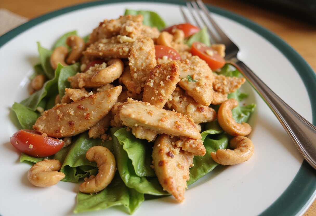 Delicious finished Chicken Cashew Crunch Salad close-up, highlighting fresh ingredients and crunchy cashews, perfect for a healthy meal.