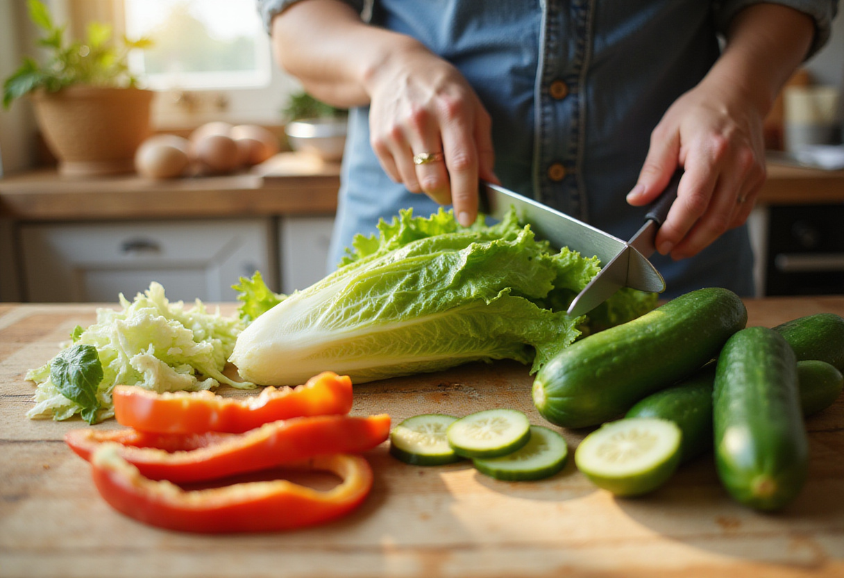 Fresh vegetables for Chicken Cashew Crunch Salad, including lettuce, bell peppers, and cucumbers chopped on a wooden board for healthy meal preparation.