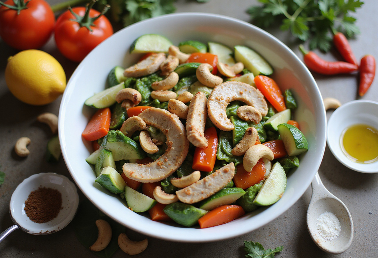 Ingredients for Chicken Cashew Crunch Salad in a bowl, featuring chopped vegetables, cashews, and grilled chicken, perfect for a crunchy and nutritious meal.