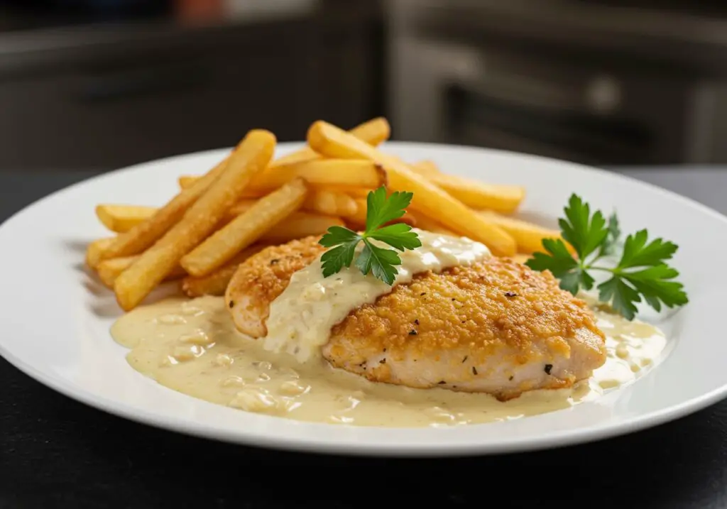 Delicious chicken fillet in spicy, creamy garlic-Parmesan sauce served alongside golden fries, showcasing gourmet cooking at home.