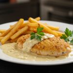 Delicious chicken fillet in spicy, creamy garlic-Parmesan sauce served alongside golden fries, showcasing gourmet cooking at home.