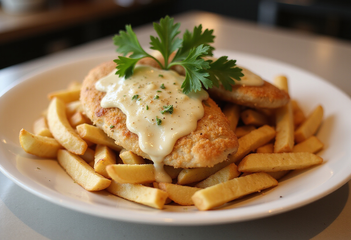 Delicious chicken fillet in spicy, creamy garlic-Parmesan sauce served alongside golden fries, showcasing gourmet cooking at home.